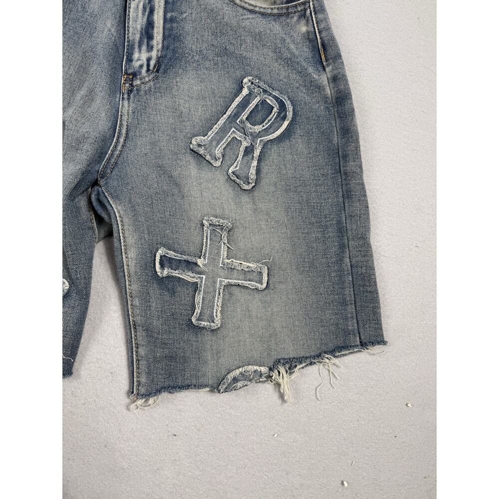 Womens Y2K Denim Shorts XR Cross Patch Raw Hem Longline Skater Festival S Grunge - Picture 7 of 15